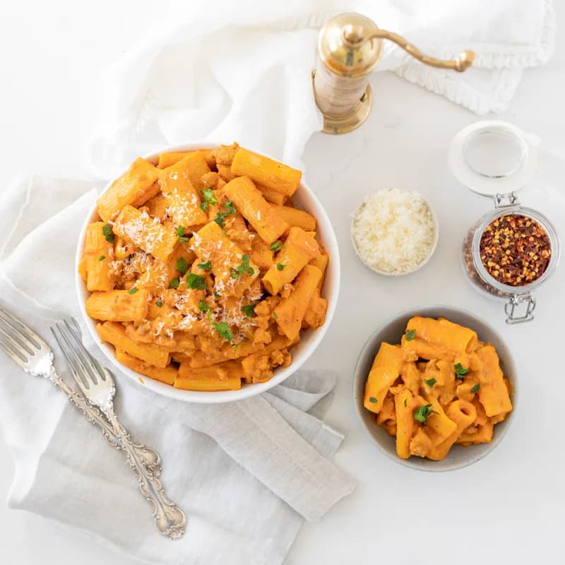 Rigatoni in a creamy tomato sauce, topped with parmesan and parsley, served in a large bowl with a smaller one beside it