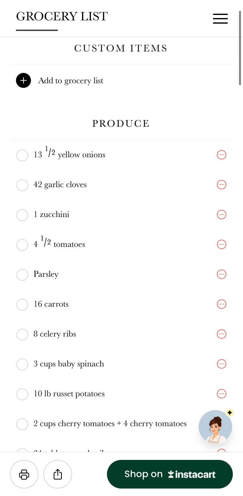 The Fraîche Table interactive grocery list, sorted by produce and other sections, with one-click Instacart