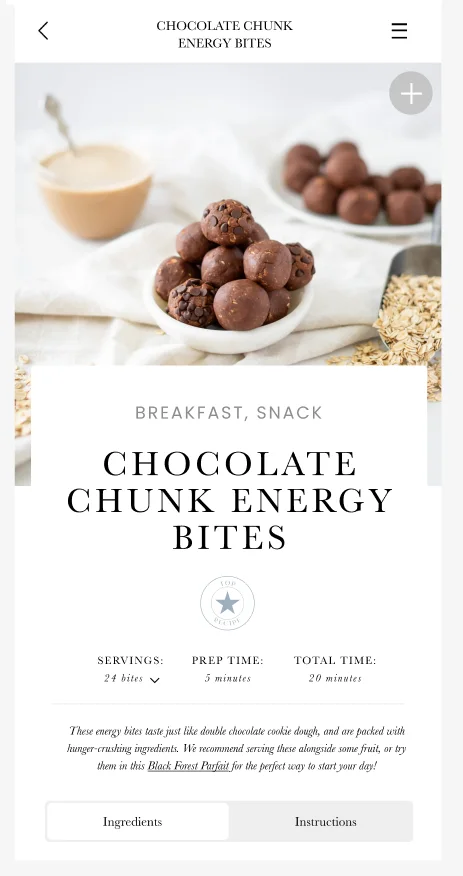 A Fraîche Table recipe: servings, prep and total time, the ingredients, recipe notes, and plant-based and gluten-free swaps