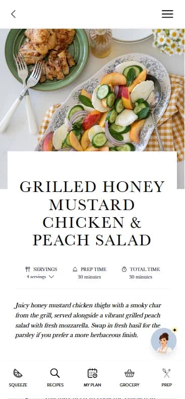 A Fraîche Table recipe: Grilled Honey Mustard Chicken and Peach Salad, with servings, prep time and method