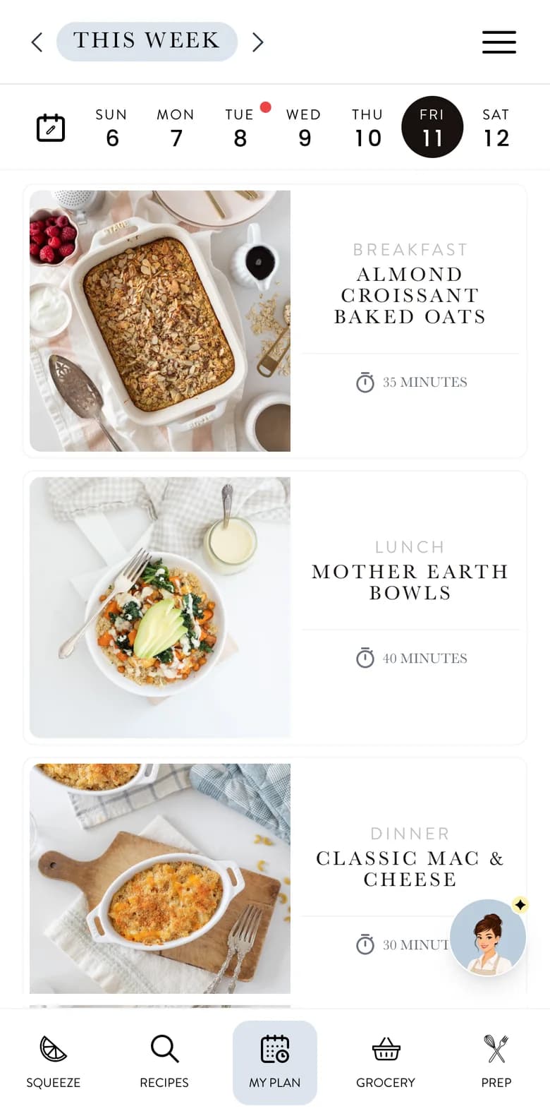 The Fraîche Table weekly plan, already filled in: a breakfast, a lunch and a dinner chosen for each day, every one showing its cook time